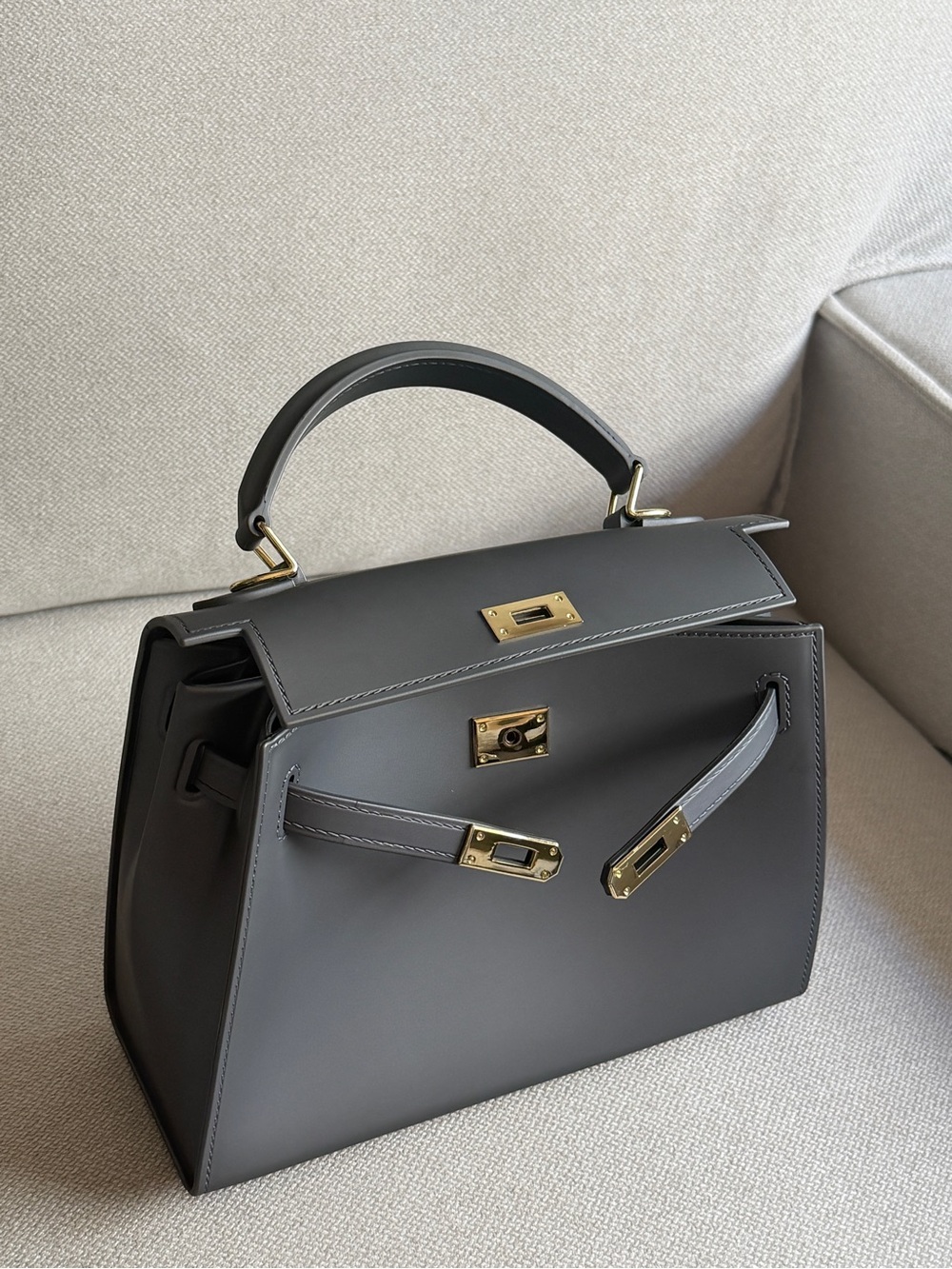 Rubber Grey Structured Top-Handle Handbag with Gold Hardware